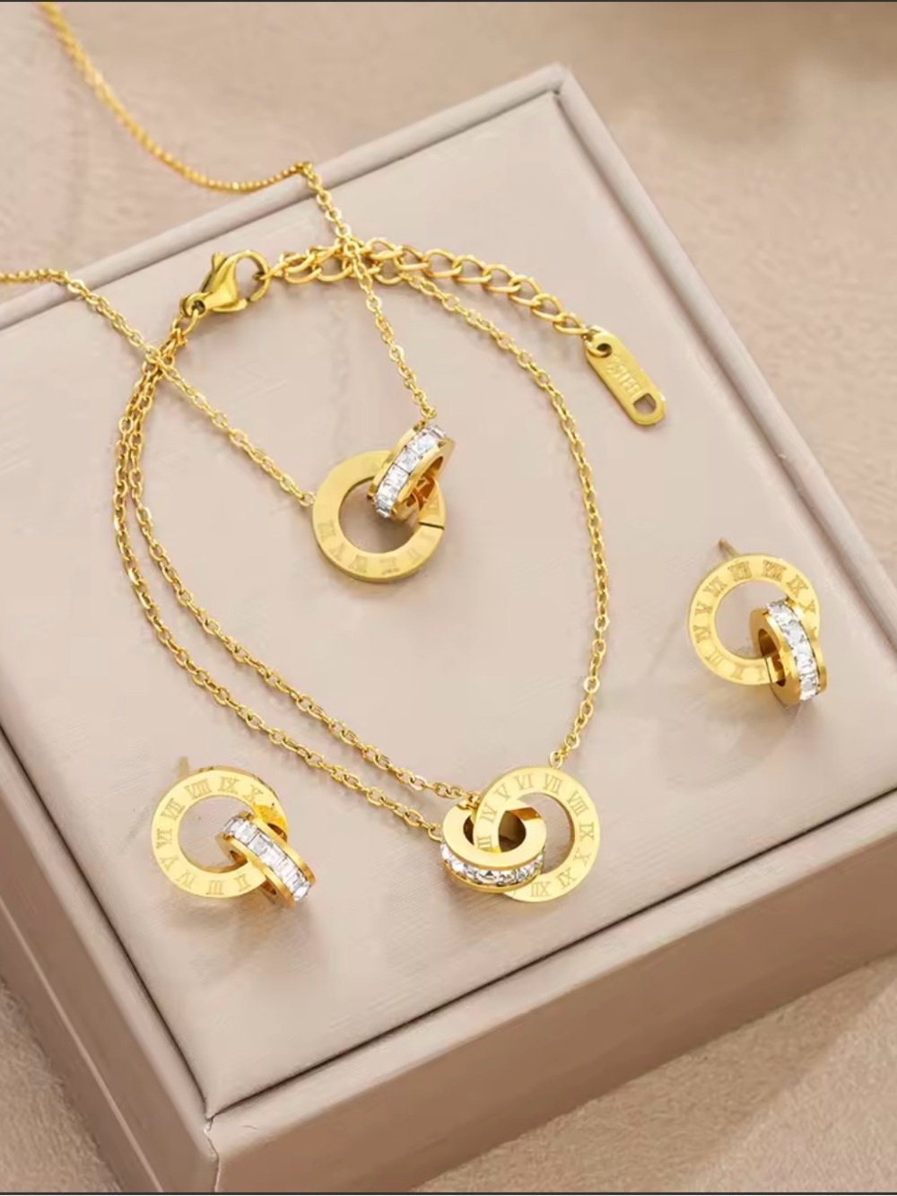 Stainless Steel 4-Piece Gold Crystal Necklace Bracelet & Earrings Set